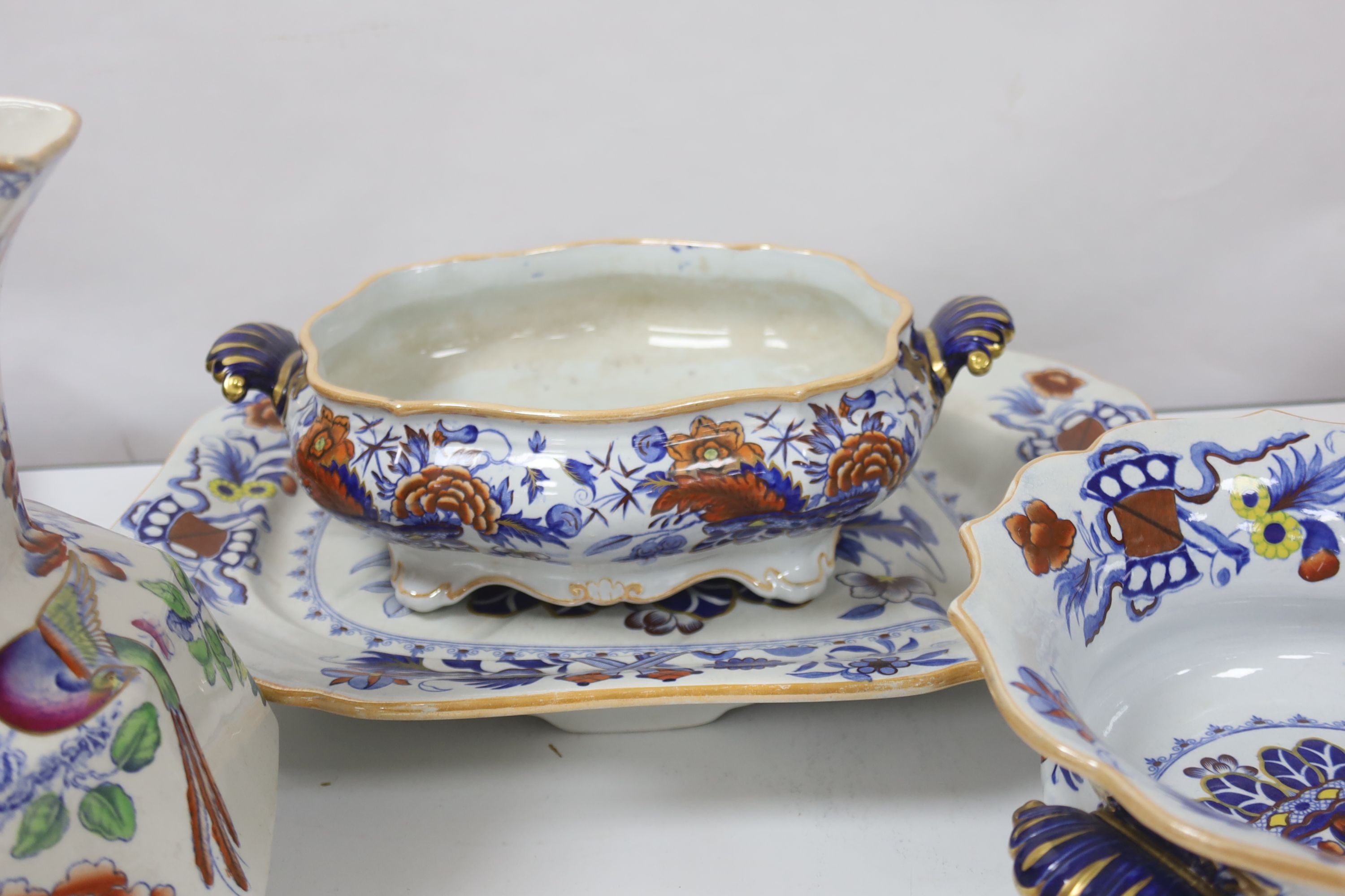 A19th century Ironstone meat platter, jug and 2 tureens, meat platter 48 cms wide.